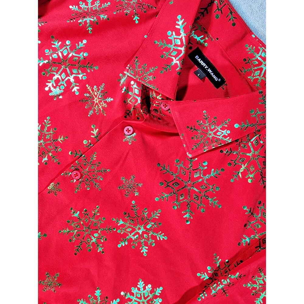Barry Wang Mens Size L Long Sleeve Button Down Red Dress Shirt Snowflake Pattern